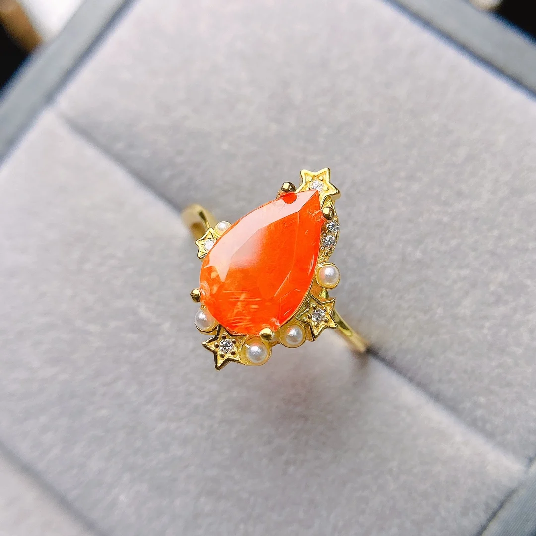 AAA VVS Orange Fire Opal Natural Untreated Earth Mined Red Opal Engagement Ring 925 Silver Opal With Star Promise Rings