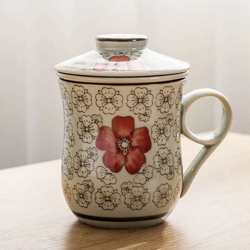 Chinese Style Ceramic Cartoon Floral Pattern Mug, Personal Creative Teacup, With Cover Filtered Tea Water Separation, 320ml, 1Pc