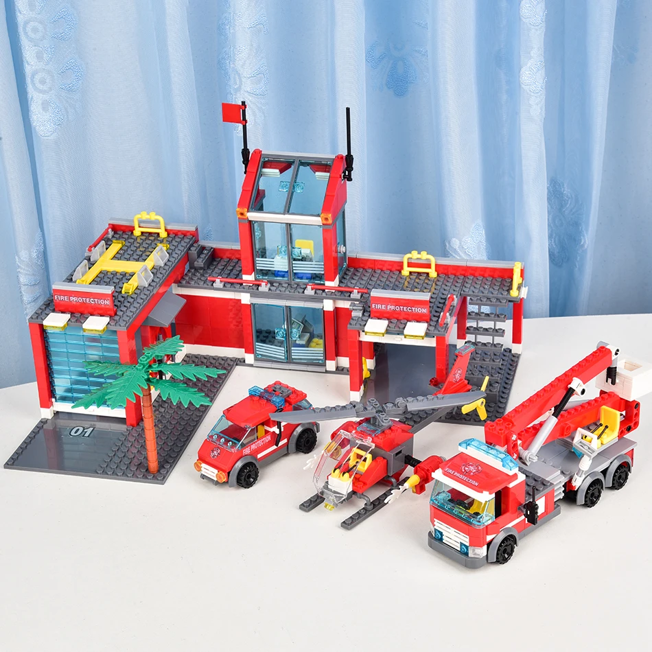 Modèle de blocs de construction de caserne de pompiers pour enfants, briques de pompier, hélicoptère de camion, construction de ville, jouets cadeaux