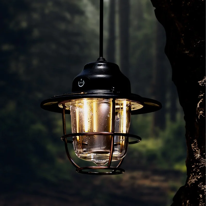 

LED Camping Lamp Retro Hanging Lamp Portable Stepless Dimming Camping Light Waterproof Rechargeable Outdoor Light Lantern