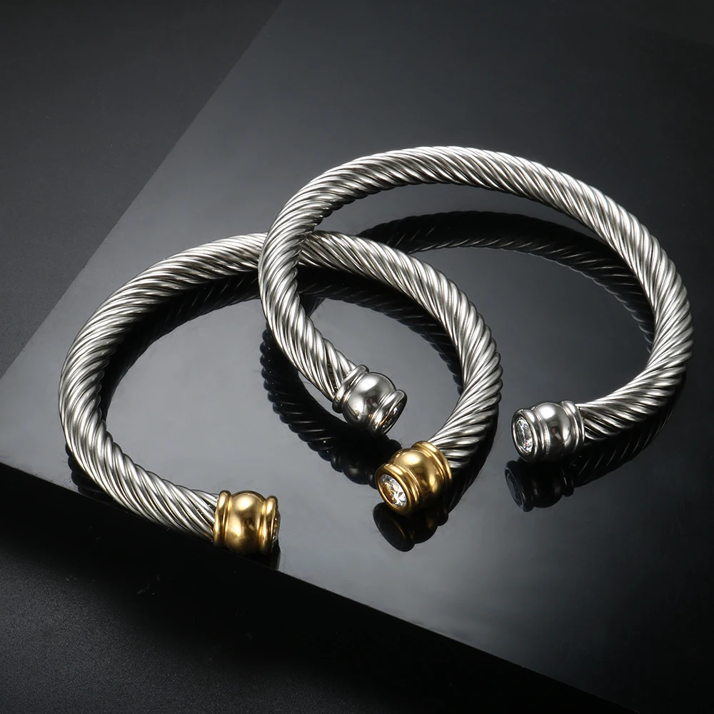 Trendy Luxury Stackable Open Cuff Bangle Cubic Zirconia Interweaving Cable Bracelet for Women Men Stainless Steel Jewelry,bangle bracelet,stainless steel bracelet,zircon bracelet,zirconia bangle