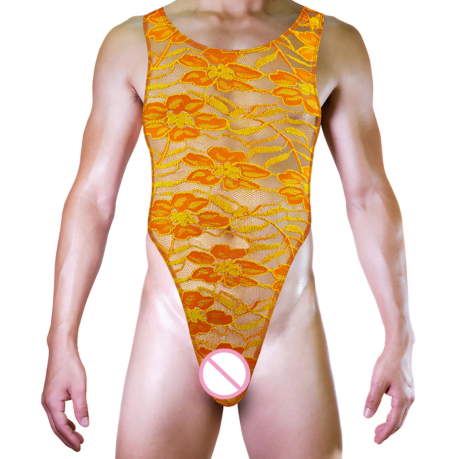 Body Mens Lingerie Mankini Costumes Semi See-Through Floral Lace High Cut Body Underwear Sexy Wrestling Singlet Costume