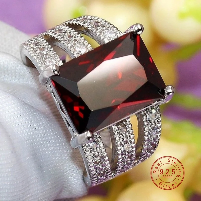 Red AAA Cubic Zircon Rings For Women Genuine 925 Stamp Silver Color Crystal Filled Luxury Hollow Out Ring Jewelry
