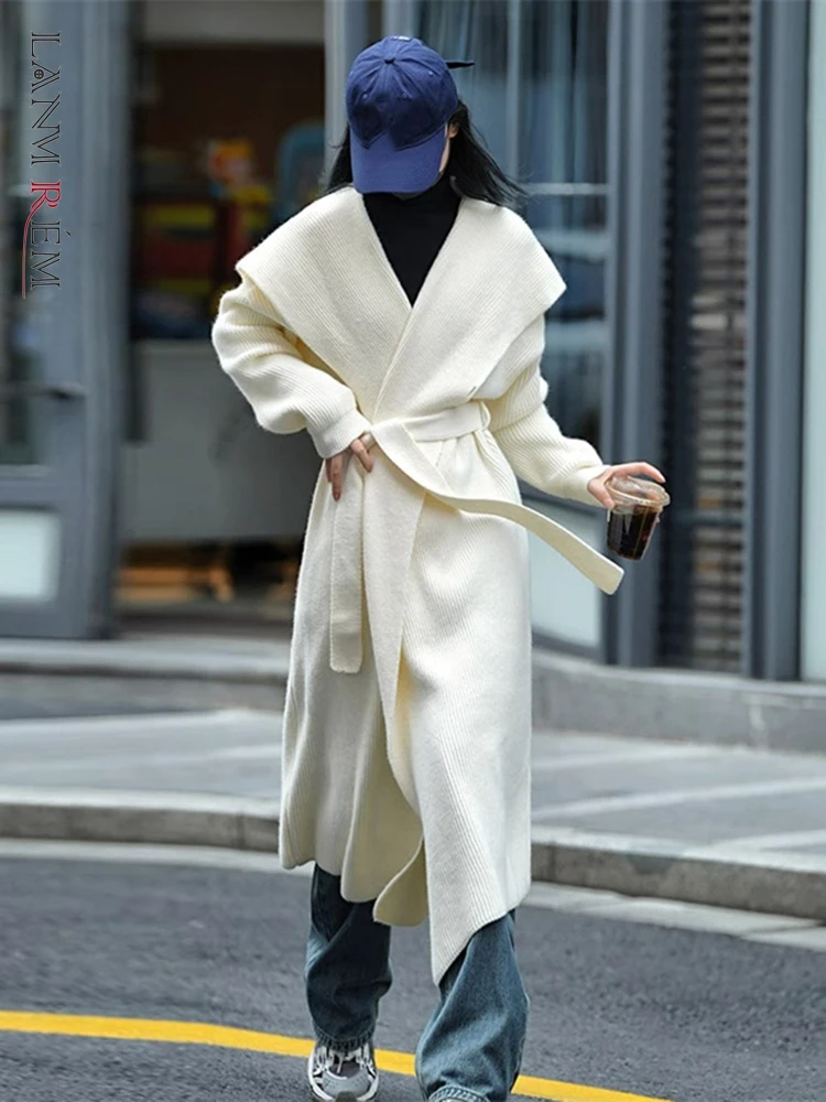

LANMREM Long Knitted Hooded Sweaters Women Loose Casual Cardigan With Belt Fashion Clothing 2023 Autumn Winter New 2DA1868