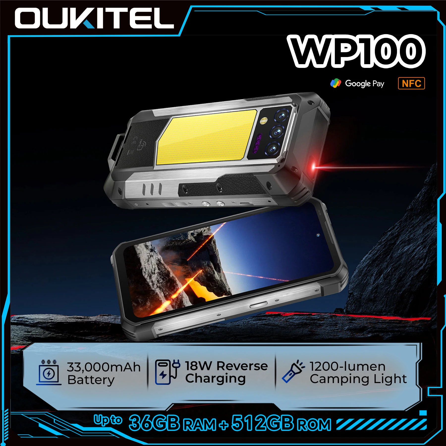 OUKITEL WP100 Rugged Phone - 33000mAh, Laser Rangefinder, Camping Light, 200MP, 36GB+512GB, 6.8" FHD+, NFC GPS 5G Smartphone