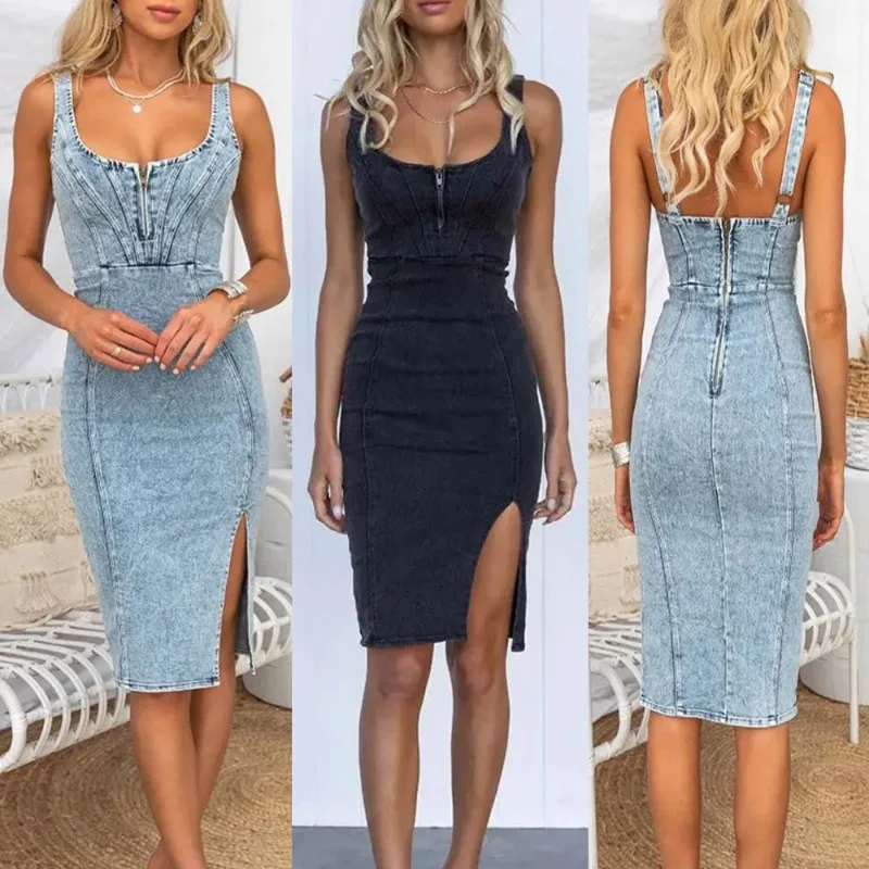 

Denim Dress Short Sleeved U-neck Strap Distressed Casual Style Denim Dress
