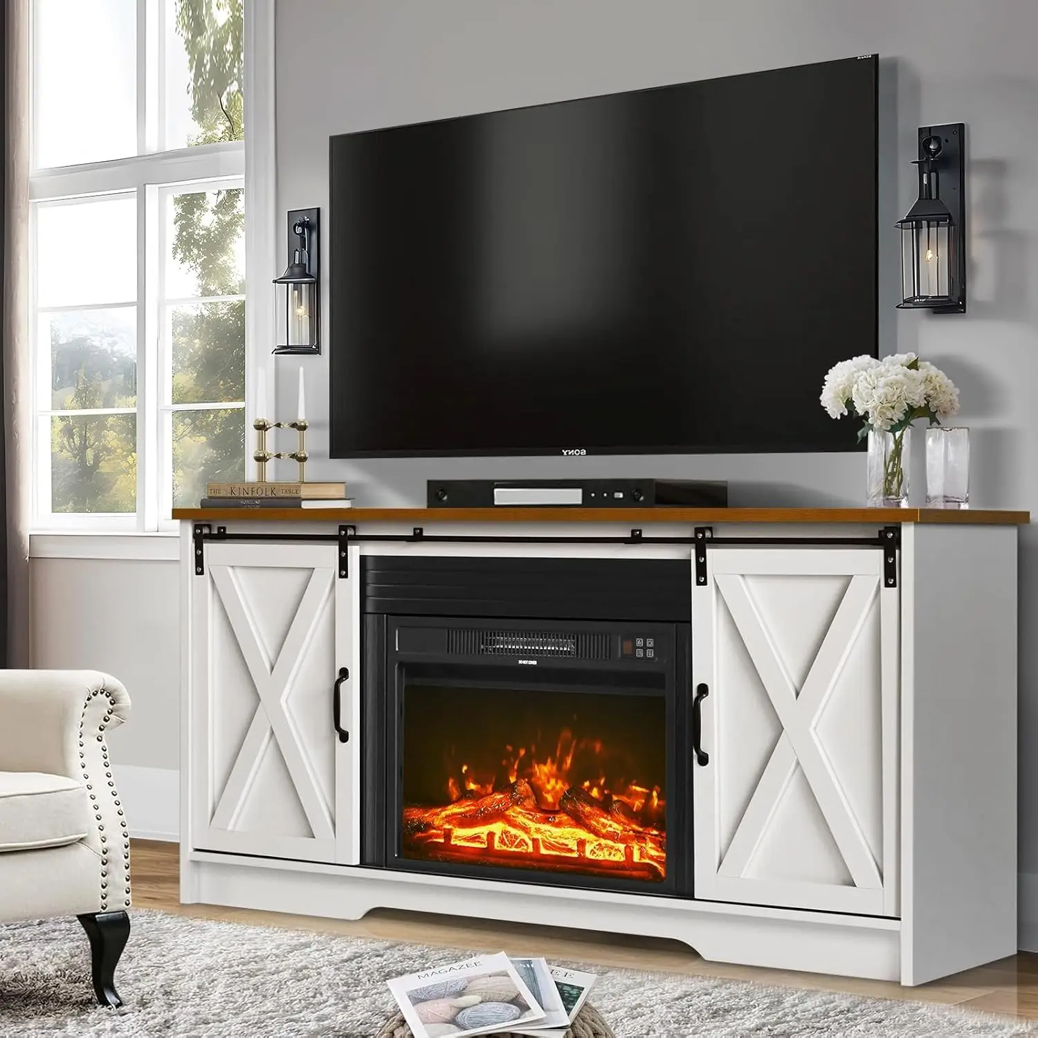 4 EVER WINNER Fireplace TV Stand with 23" Electric Fireplace, Sliding Barn Door, Farmhouse Fireplace Entertainment Center with 2