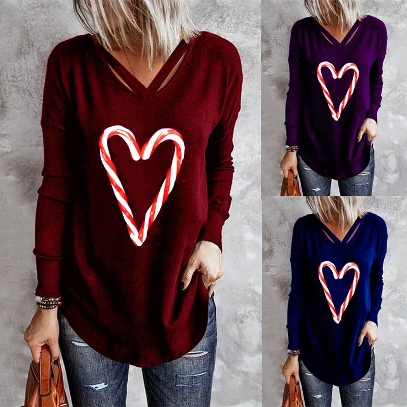

Fashion 2022 Autumn And Winter New Women's Sexy V-Neck Heart-Shaped Print Long-Sleeved T-Shirt Casual Loose Pullover Top