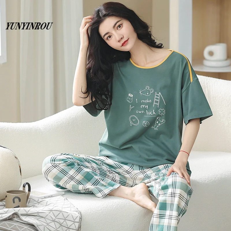 

Spring Summer 2PCS Sets for Women Full Pants PJ Knitted Cartoon Sleepwear Elegant Women's Pajamas Loungewear Home Pijama Mujer