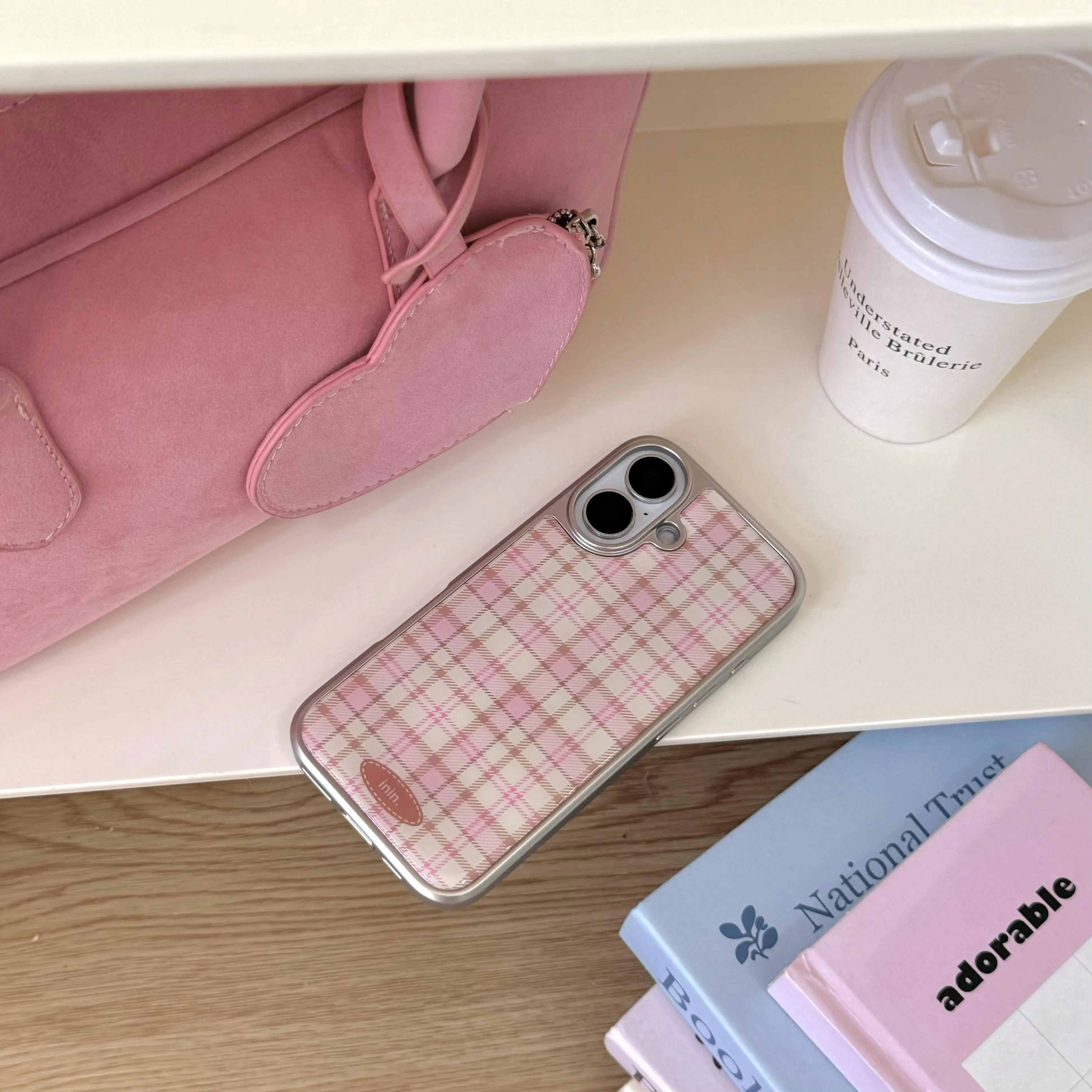 Korean Girly Checker Pattern Silver Border Phone Case with Y2K Resin Design