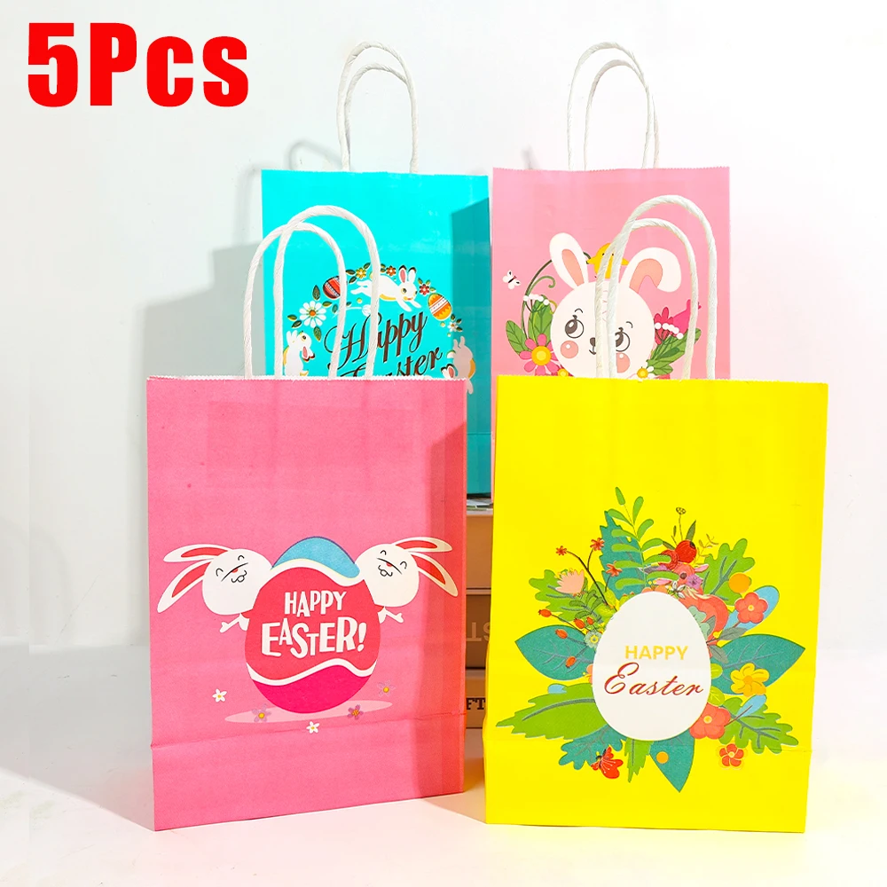 

5/1Pcs Kraft Paper Gifts Bags With Handle Cute Rabbit Biscuit Candy Gifts Packaging Bags For 2023 Happy Easter Party Decorations