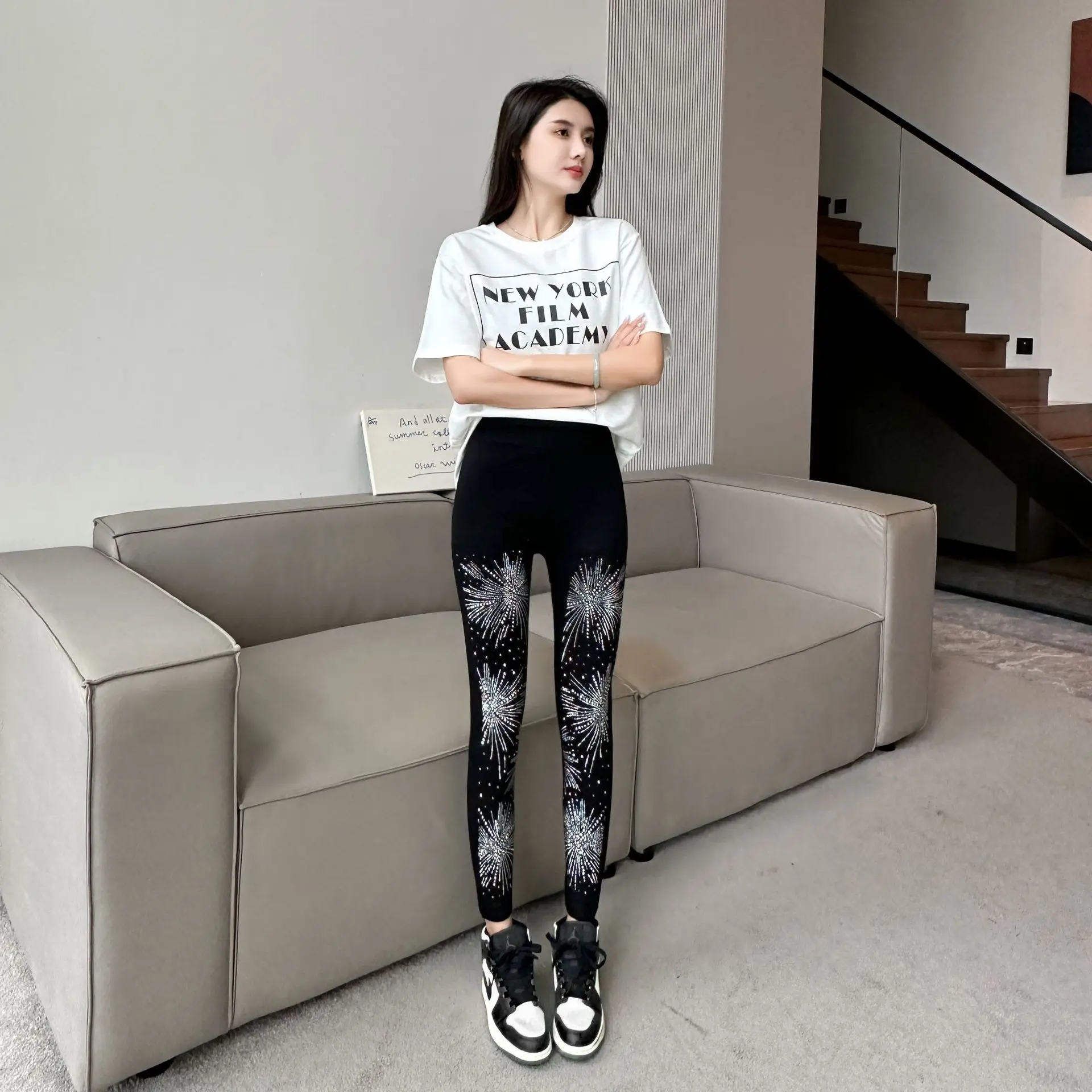 All Season Women Black Silver Sequin Leggings Plus Size High Waist Black Skinny Trousers Pants