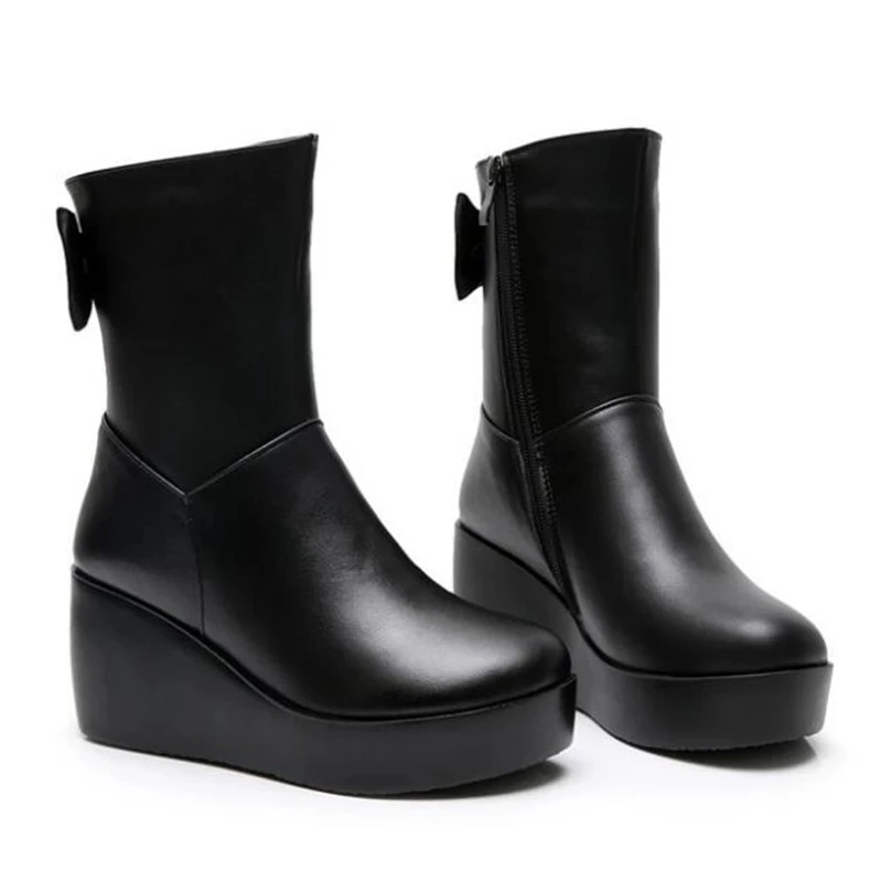 

2022 Leather Women's Boots Plush Warm Snow Boots Autumn and Winter Women's Socks Platform Slope Heel Ankle Boots