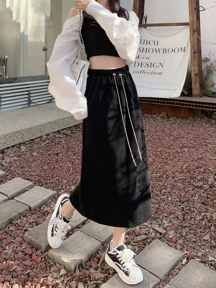 

Женская юбка с завышенной талией Y2k, винтажная Однотонная юбка в Корейском стиле, свободная универсальная юбка с разрезом, на весну