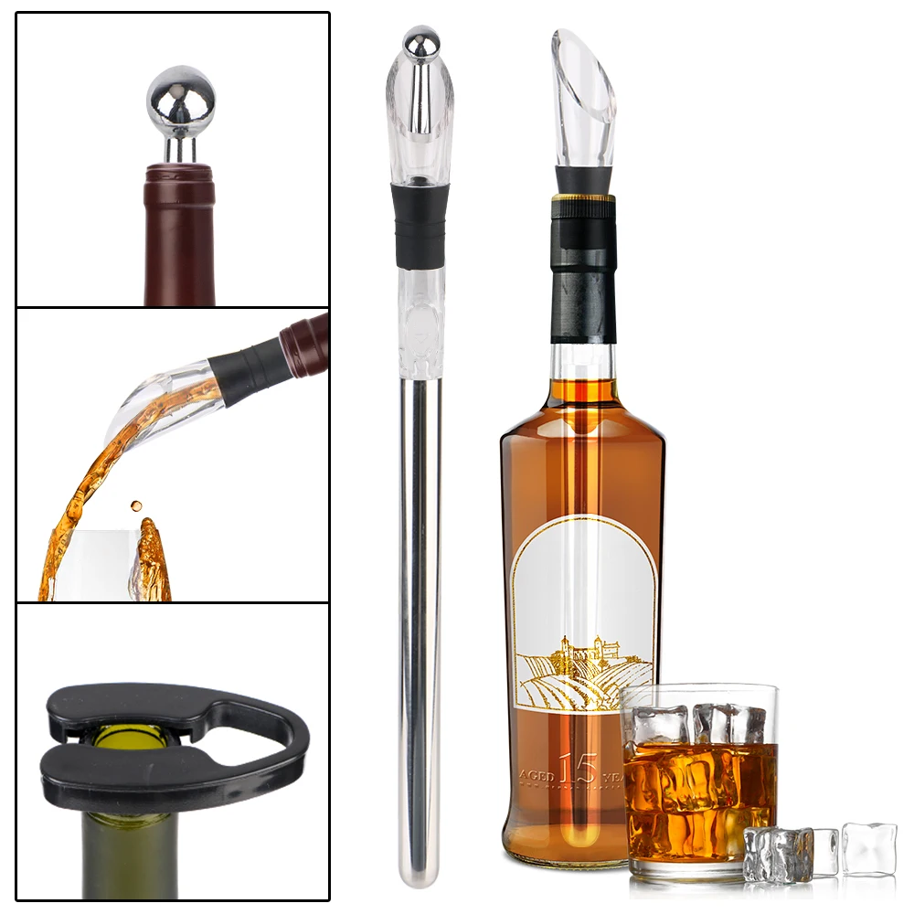 Wine Cooling Stainless Steel Frozen Stick Beer Chiller Stick Ice Wine Cooler 4 in 1 Pourer+Stopper+Cutter beer bottle cooler drink cooler