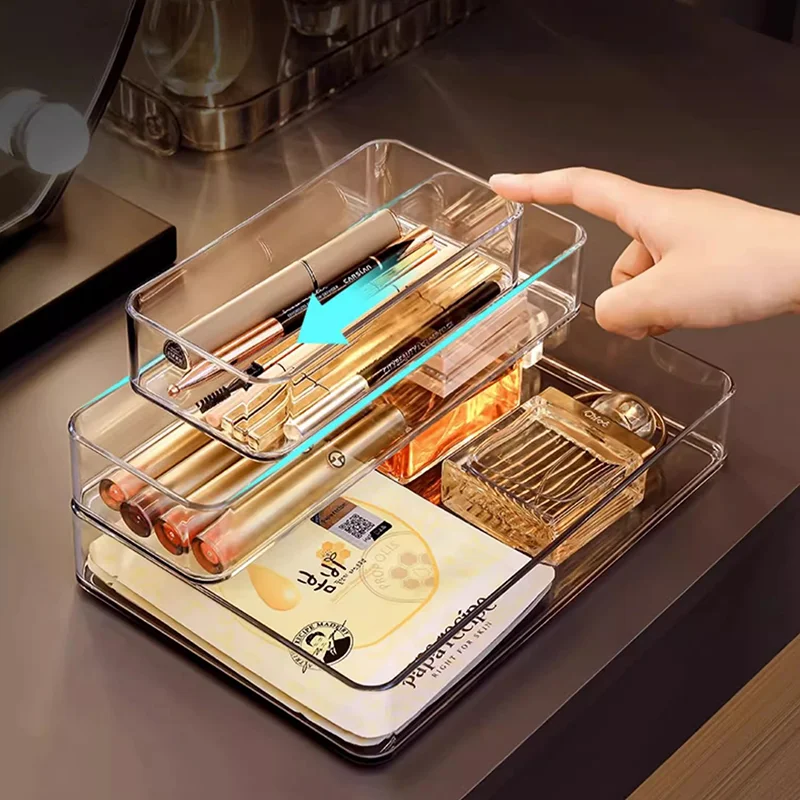 Clear Plastic Storage Box Vanity Drawer Makeup Jewelries Organizer Stackable Kitchen Bathroom Desktop Accessories Storage Tray 5