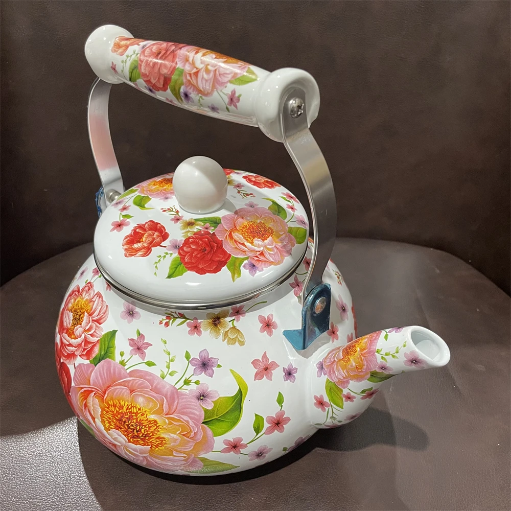 Vintage Style Enamelling Botanical Flower Teapot, Kitchen Water Pot, Thickened Camping Kettle, 2.5 L