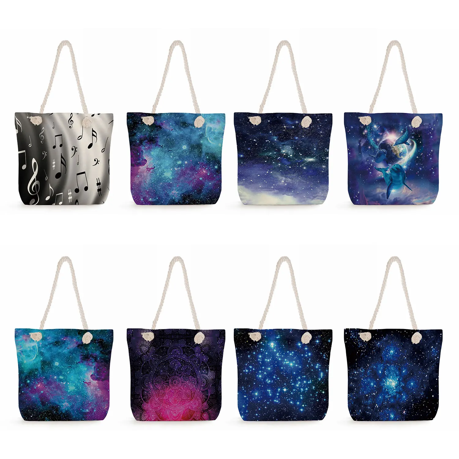 

Travel Thick Rope Beach Bag High Capacity Tote Bags Landscape Bright Colors Women Shoulder Bag Fashion Starry Sky Print Handbags