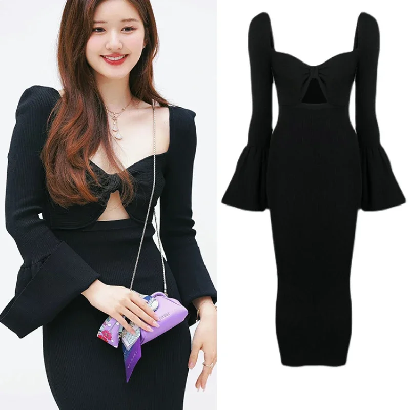 

New Streetwear Clothes Singer Black Long Dress Flare Sleeves Sexy Evening Party Dresses Concert Wear Kpop Outfit Stage Wear