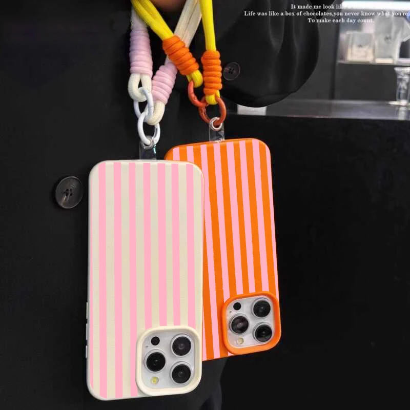 Vibrant Striped Couple Phone Lanyard Case with Y2K Silicone Cover