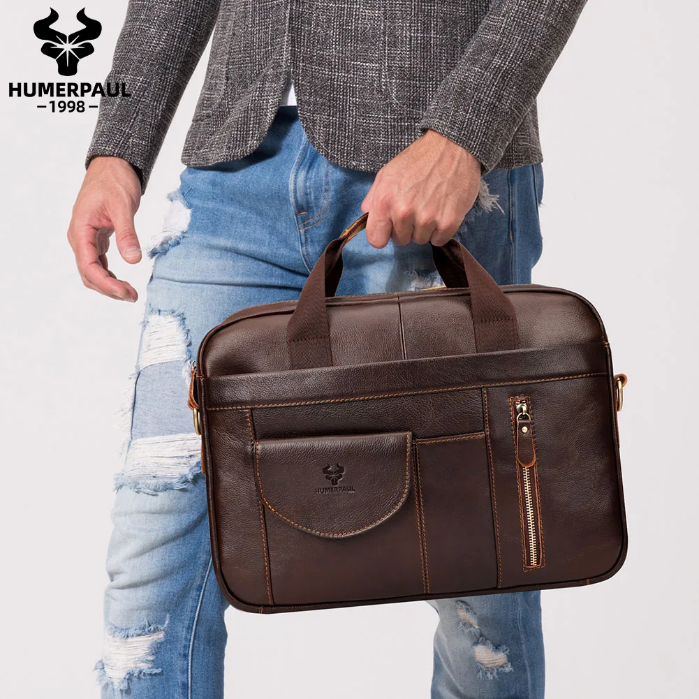 Leather Briefcase HUMERPAUL Men's Briefcase Bag Top Layer Leather Handcrafted Laptop Bag with Multiple Compartments Business Shoulder Messenger