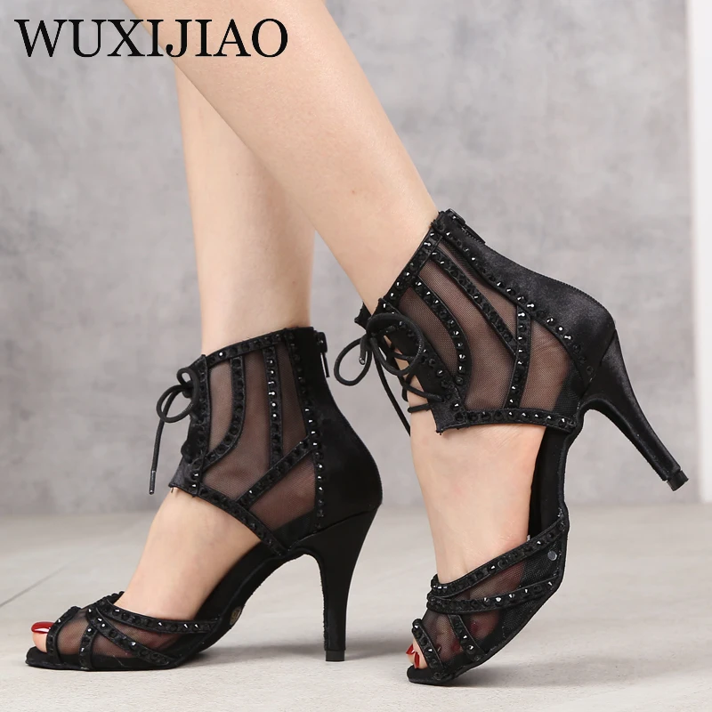 Women's Party Dance Shoes Black Shiny Rhinestone Soft Sole Latin Dance Shoes Black Salsa Shoes Heel 9cm