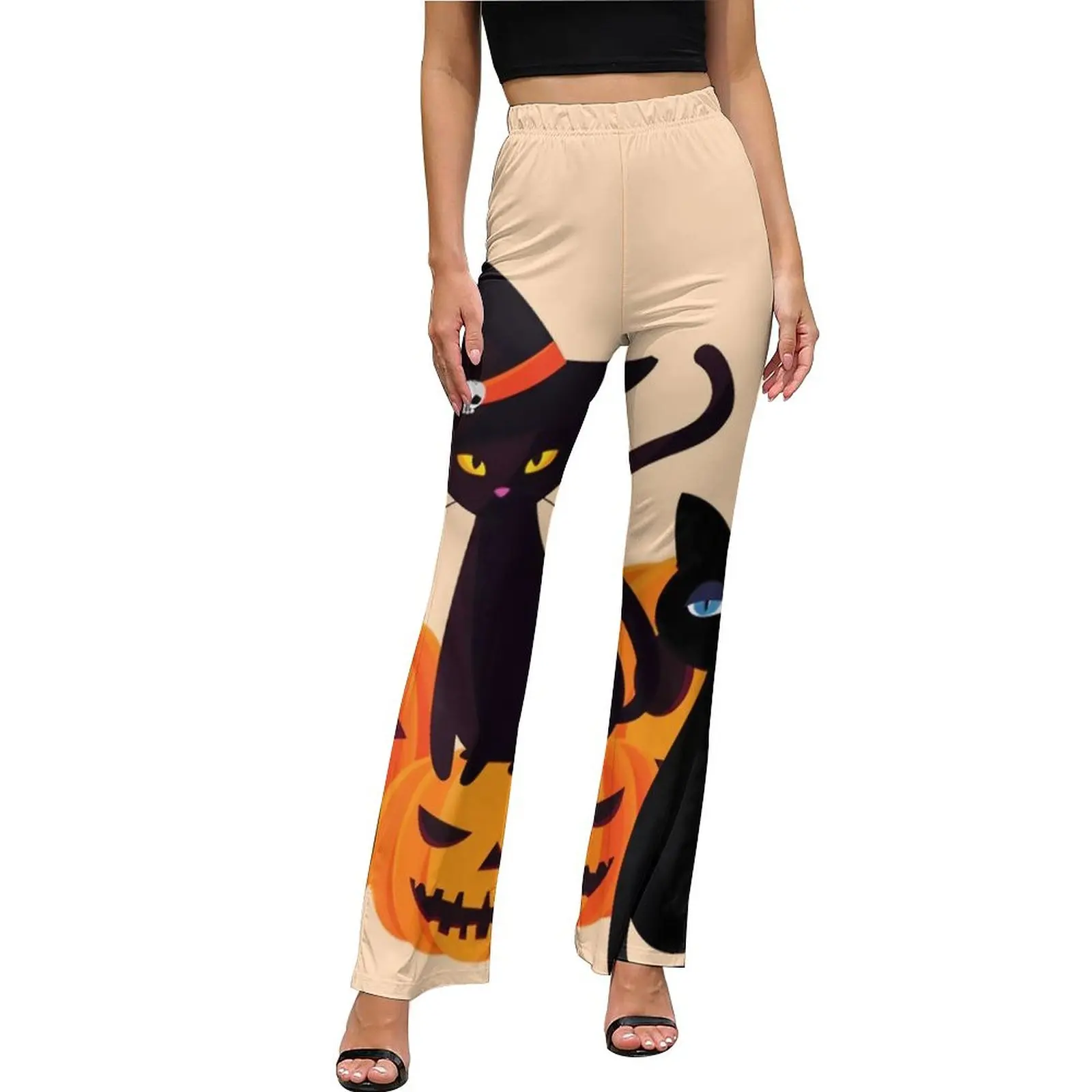 

Spooky Magic Cats Casual Pants Summer Creepy Pumpkins Modern Printed Flared Trousers High Waisted Slim Stretch Aesthetic Pants