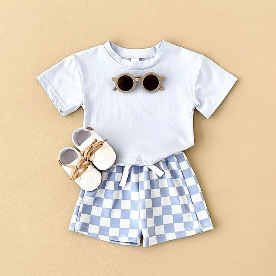 아동복 반팔 티셔츠, 격자 무늬 반바지 세트,  의류 세트, 단색, 0-3 세, 2 개