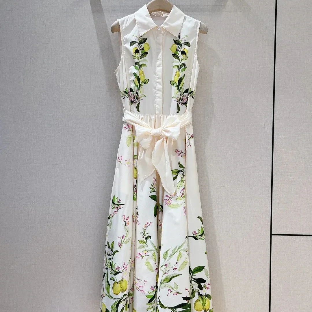 

New 2024 Summer High Quality Cotton Sleeveless Self Bow Tie White Lemon Floral Position Print Vest Midi Dress for Women