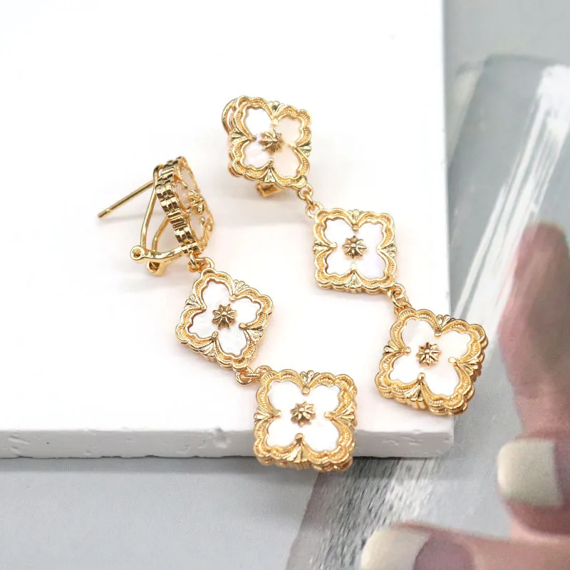 Italian Brand Style Tri Flower Four Leaf Ear Cuff Dangle Turquoise Agate Tiger Eye Ear Drop Cuff Earring Original Quality Jewel