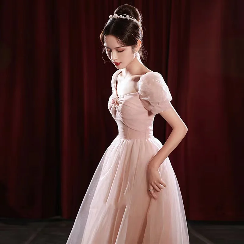 

Retro Pink Princess Skirt Women's Prom Dress Lady Slim A-Line Square Collar Puffy Sleeve Female Formal Quinceanera Banquet Gowns