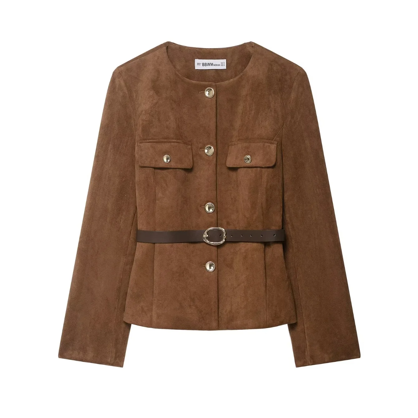 Women Spring Suede Short Jacket Coat Female O-Neck Pocket Decoration Long Sleeve With Belt High Street Elegant Commuter Coat