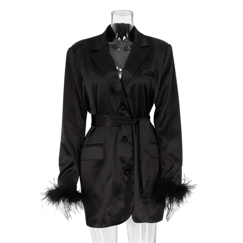 Lace Up Blazer Dress For Women Feather Splice Black Long Sleeve Fashion Dresses Femme Party Temperament Vestido Ladies