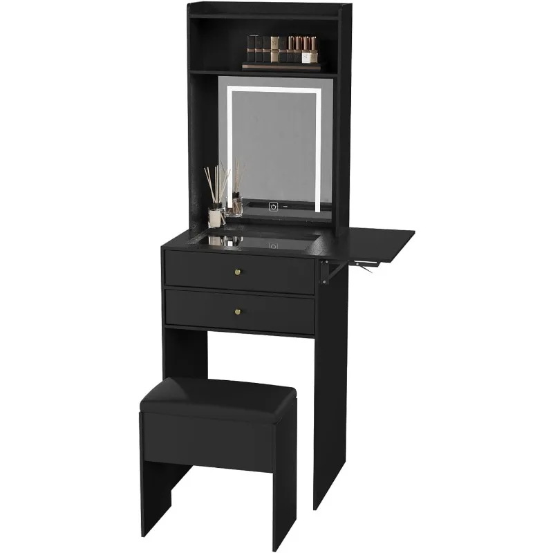 

Small Vanity Desk Set with 3 Adjustable Lighted Mirror and Storage Chair Small Vanity Table for Bedroom Compact