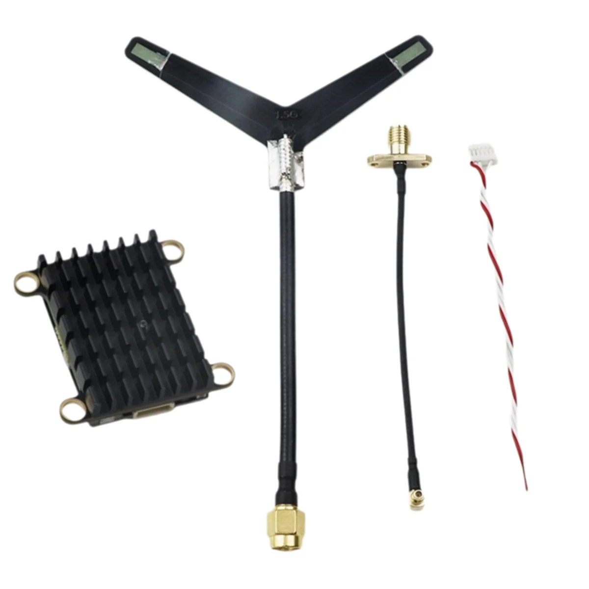L'émetteur vidéo FPV 3W 16CH 3000mW pour drone RC monté sur un drone, avec antenne et câbles visibles.