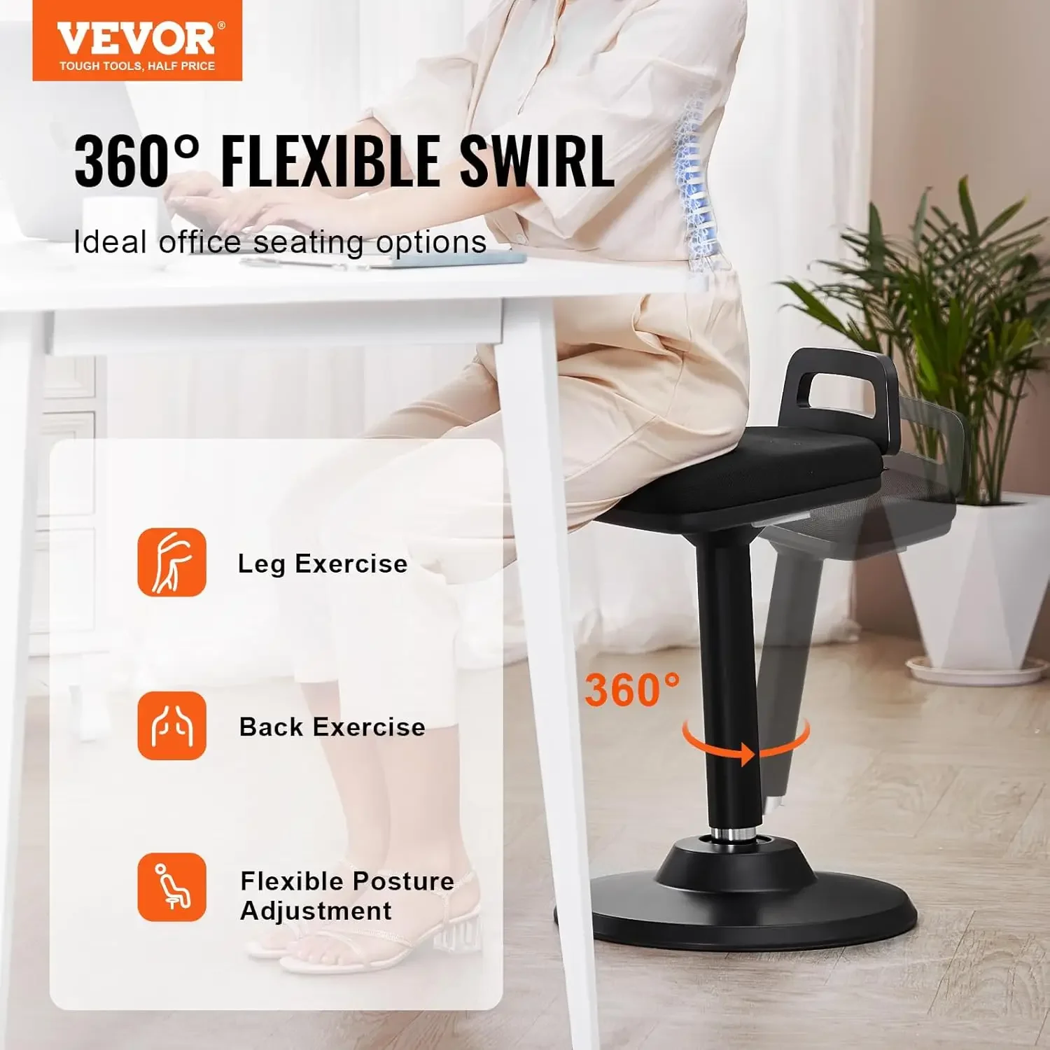Active Chair with Handle, Height-Adjustable (24.6-34.4") Wobble Chair Made of Elastic Fabric & 45 mm Foam 4