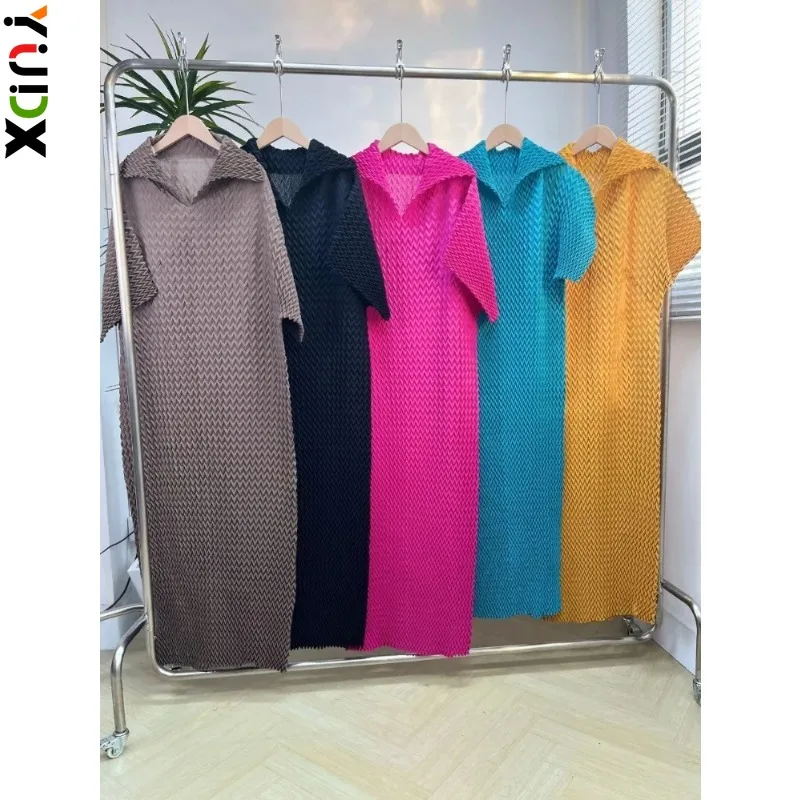 

YUDX Miyake Spring Miyake Style Maxi Pleated Dress Solid V-Neck Short Sleeves Loose Temperament Long Dresses for Women 2024 New