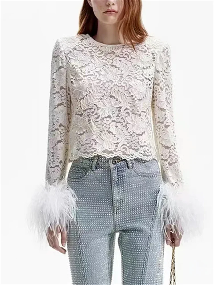 

Женская рубашка 2024 Новинка Весенняя кружевная Элегантная Лоскутная винтажная блузка с перьями и круглым вырезом