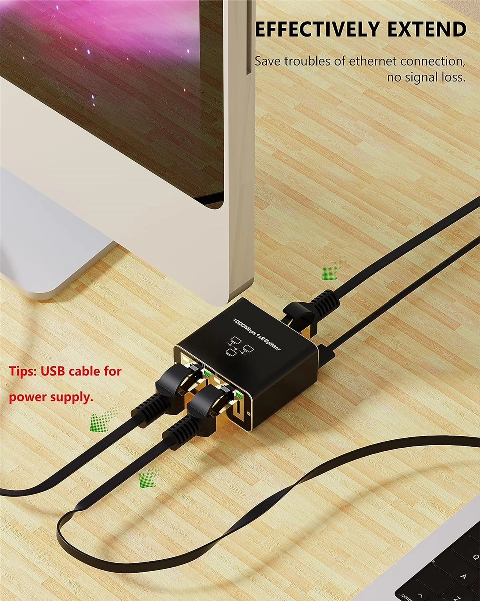 Ethernet Splitter 1 to 2 High Speed, RJ45 Network 1 to 2 Port Ethernet  Adapter Splitter [2 Devices Simultaneous Networking],1000Mbps Extension  Connector with USB Power Cable for Cat5/5e/6/7/8 Cable 