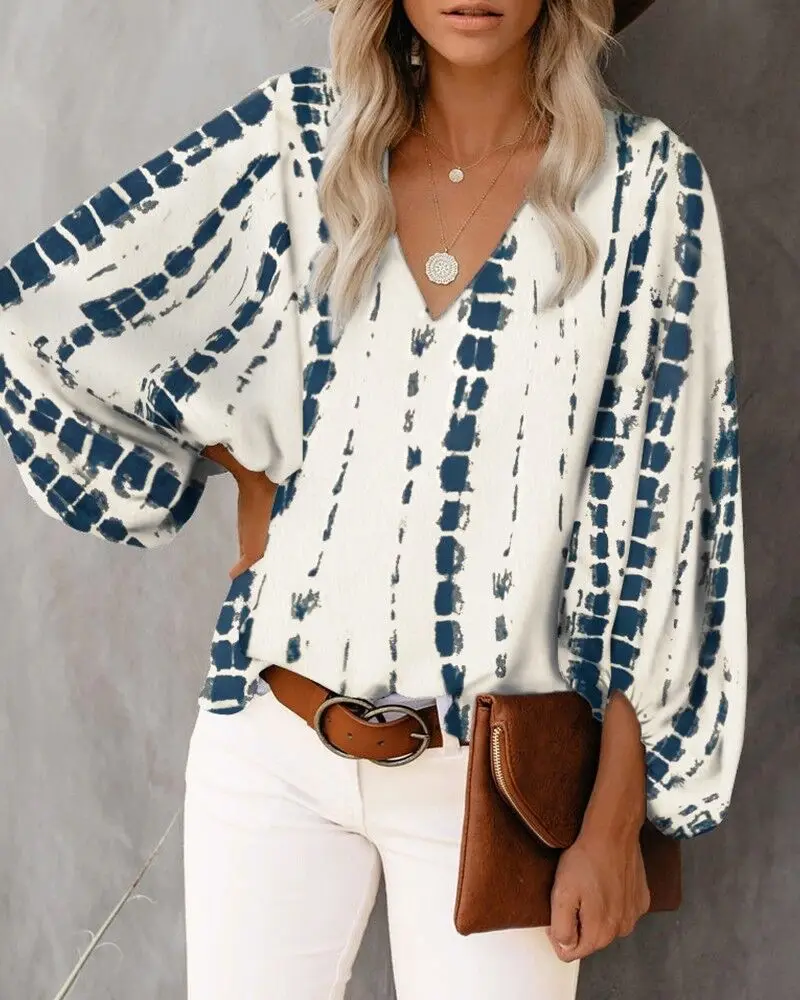 Frauen V-ausschnitt Tie Dye Leopard Print Bluse Shirts Casual Langarm Lose Pullover Bluse Tops BNS-H6651_voghion.com