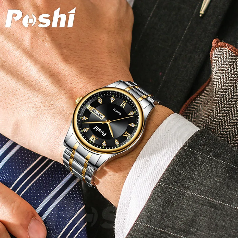 POSHI Men's Luxury Watch for Men Quartz Watches MaleWristwatch Waterproof Luminous Alloy Strap Date Business Clock Man