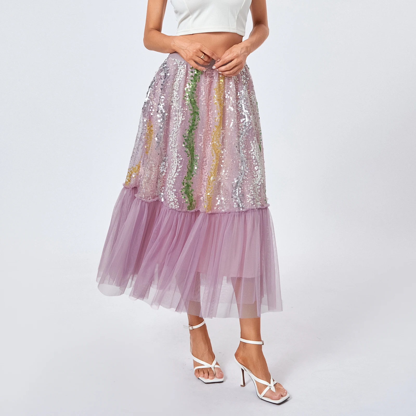 

Women’s Tulle Long Skirts Sparkle Sequin Elastic High Waist Patchwork Tutu Skirts A-line Midi Party Skirts