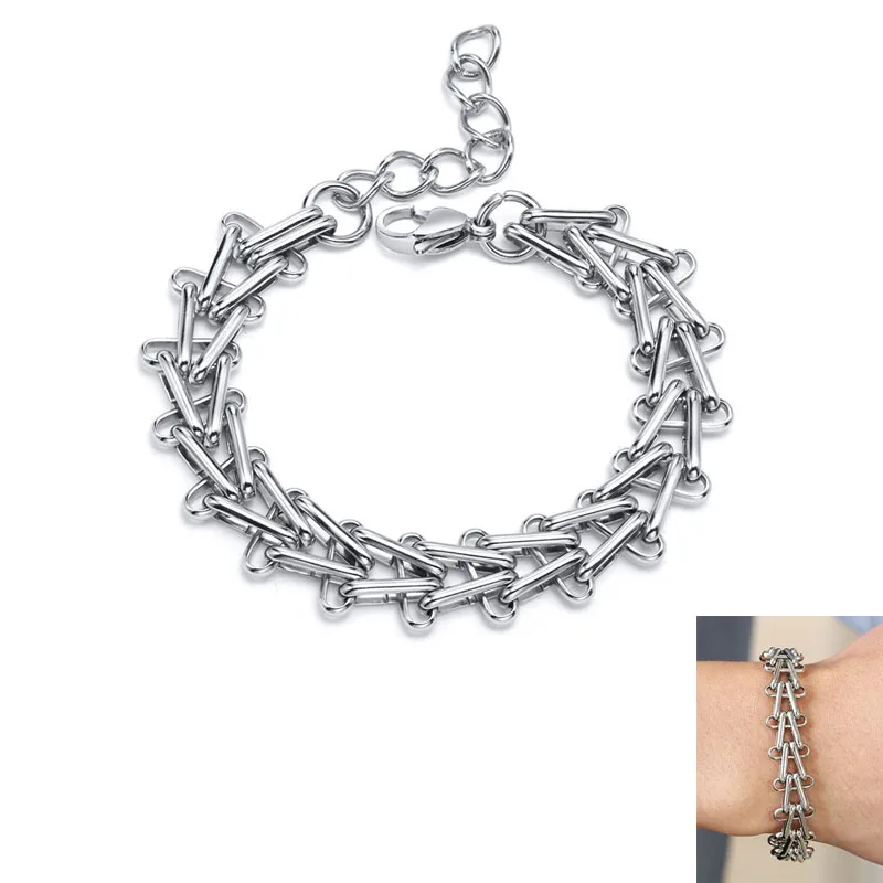 

Punk Mens Cuban Link Chain Bracelet Stainless Steel Personalized Stylish Handmade Stairs Charm Bracelet With Lobster Clasp