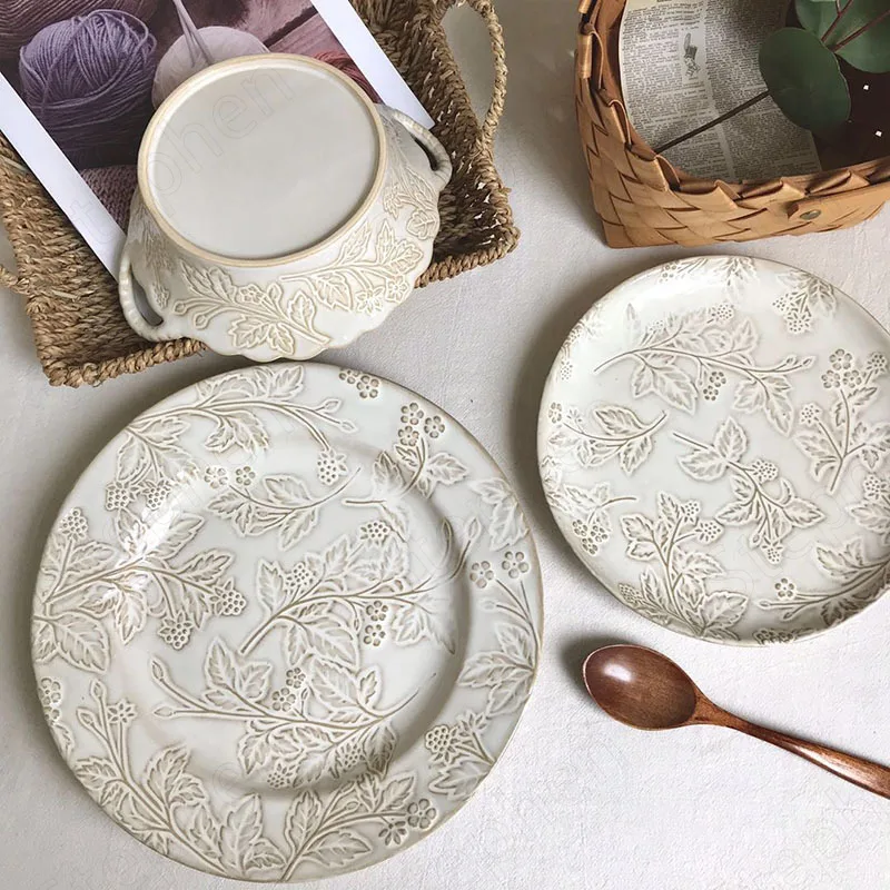 

Retro Kiln Change Relief Dinner Plates Nordic Vintage Ceramic Steak Pasta Serving Tray Cake Dessert Dishes Restaurant Tableware