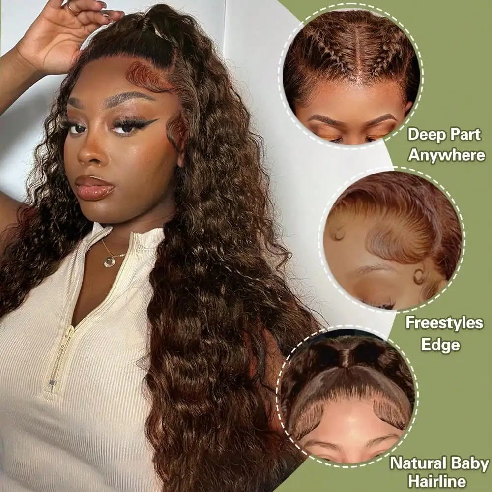 Chocolate Brown Deep Wave Glueless Human Hair Wig 13x4 HD Lace Front 250% Density Pre Plucked With Baby Hair Put On Go Wig 2