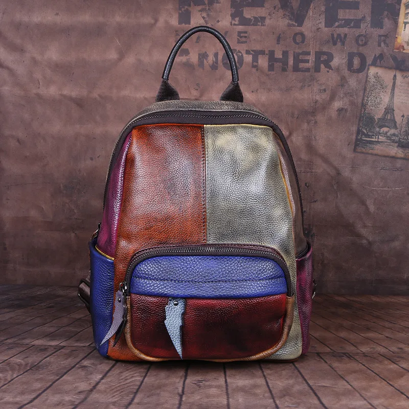 Genuine Leather Backpack women's color contrast hand-rubbed color bag outdoor leather backpack wholesale