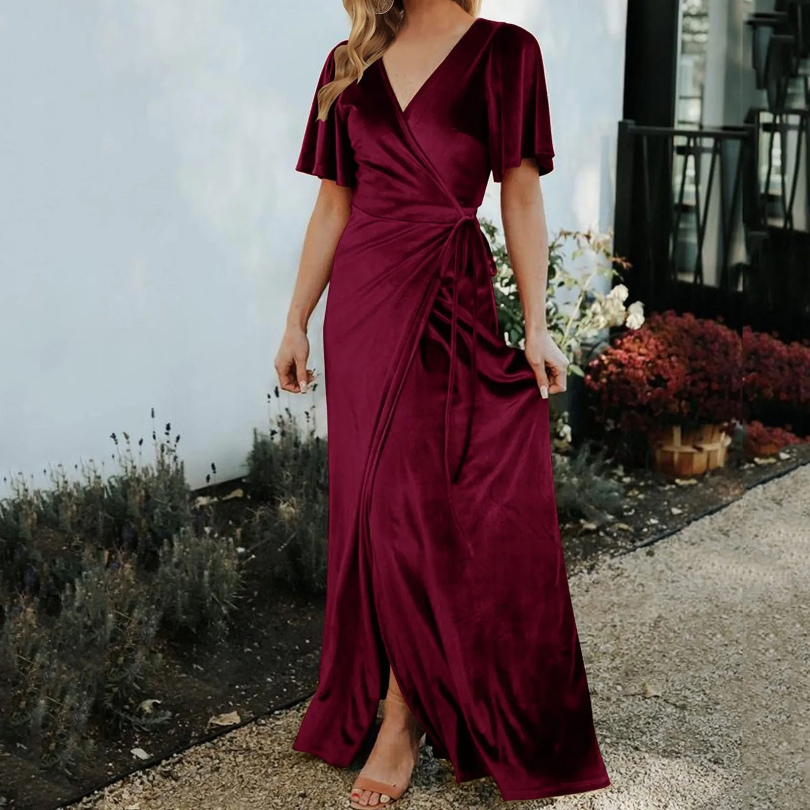

Women's Dress V Neck Wrap One Piece Lace Up Velvet Side Slit Bell Sleeve Maxi Dress Prom Gown Bridesmaid Cocktail Party Dresses