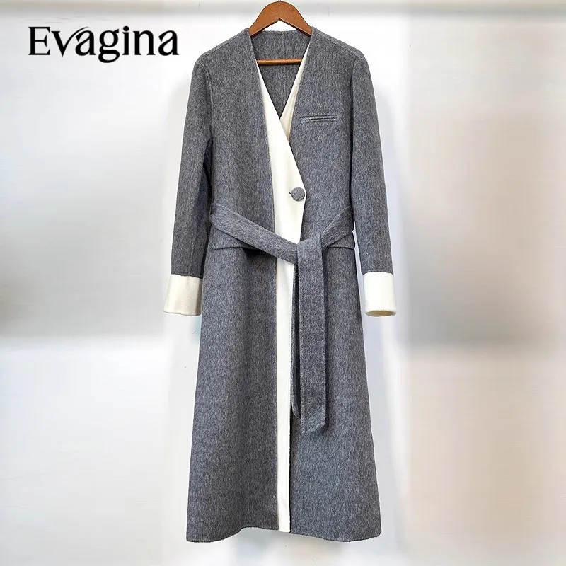 

Новое модное офисное дизайнерское осенне-зимнее пальто Evagina, Женское шерстяное пальто с V-образным вырезом и длинными рукавами, с поясом и одной пуговицей