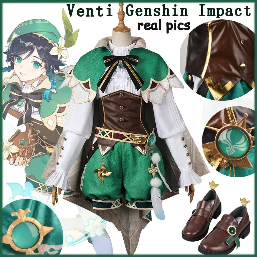 

NEW Hot Game Genshin Impact Cosplay Venti Costume Wig Mondstadt Wind God Game Uniform Lovely Outfit XS-XXL