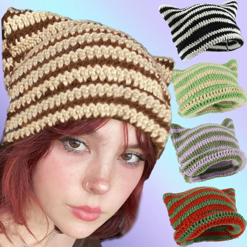 

Colorful Stripes Knitted Cat Ear Little Devil Hat Millennium Y2k Punk Gothic Women Kawaii Winter Handmade Wool Beanie Female Cap